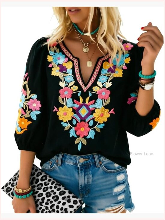 Tops - Women's Embroidered Boho Tunic Peasant Blouse 3/4 Sleeve Plus Size